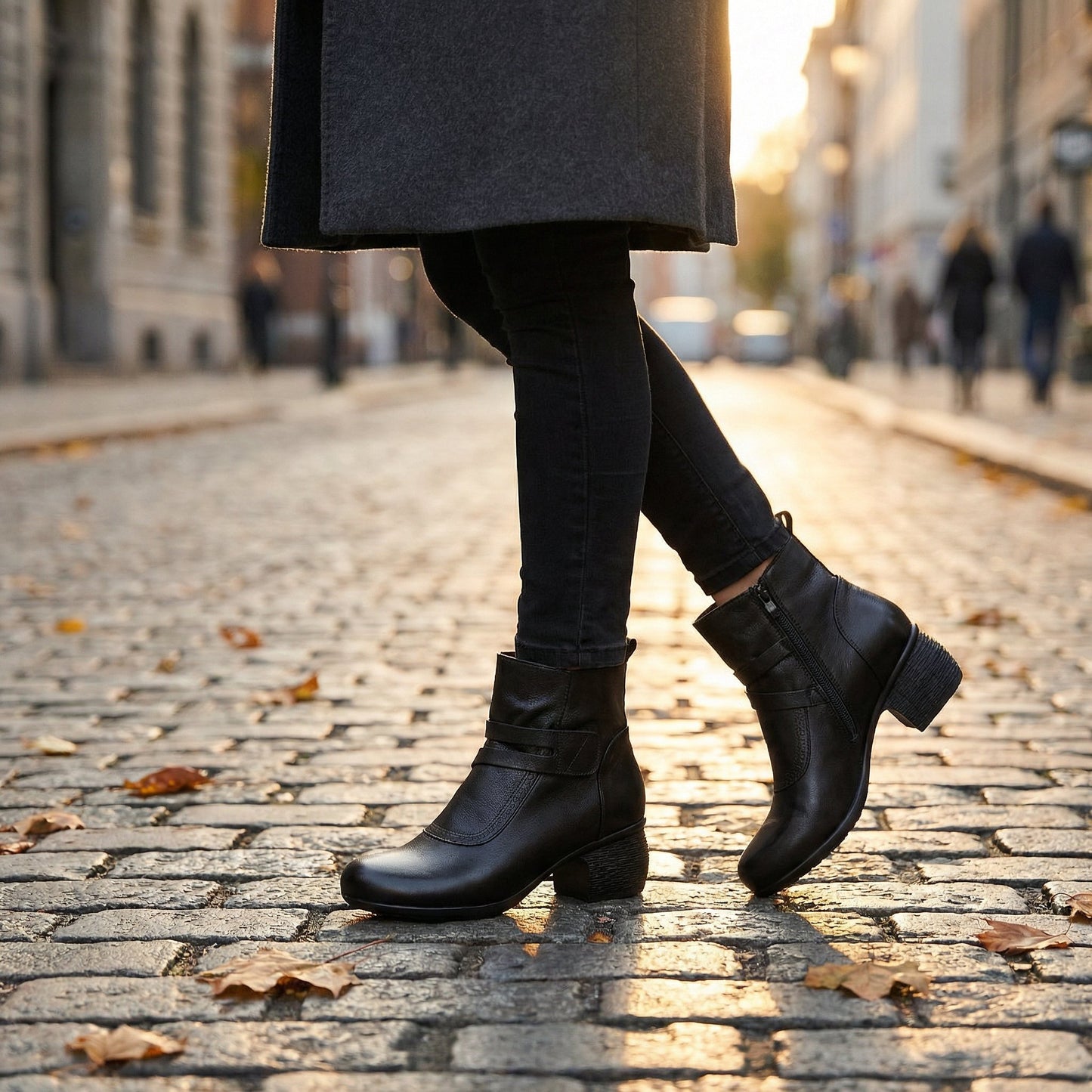 Stacked Heel Leather Ankle Boot with Strap