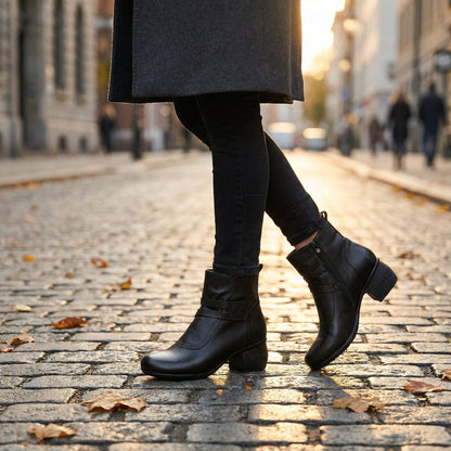 Stacked Heel Leather Ankle Boot with Strap