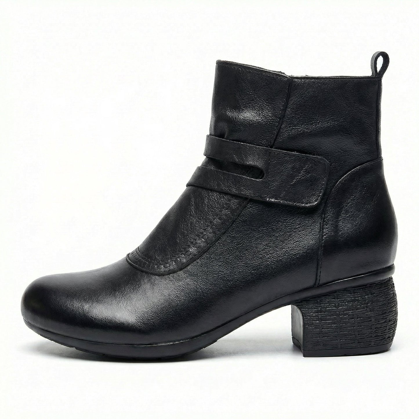 Stacked Heel Leather Ankle Boot with Strap