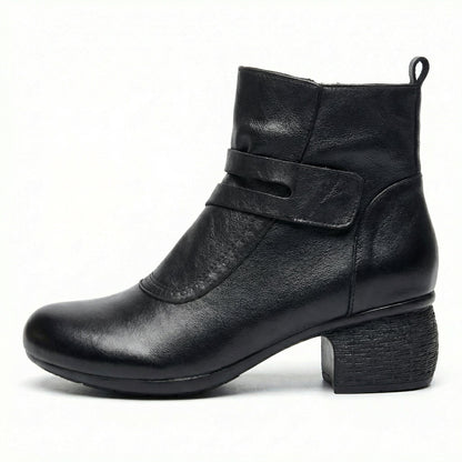 Stacked Heel Leather Ankle Boot with Strap