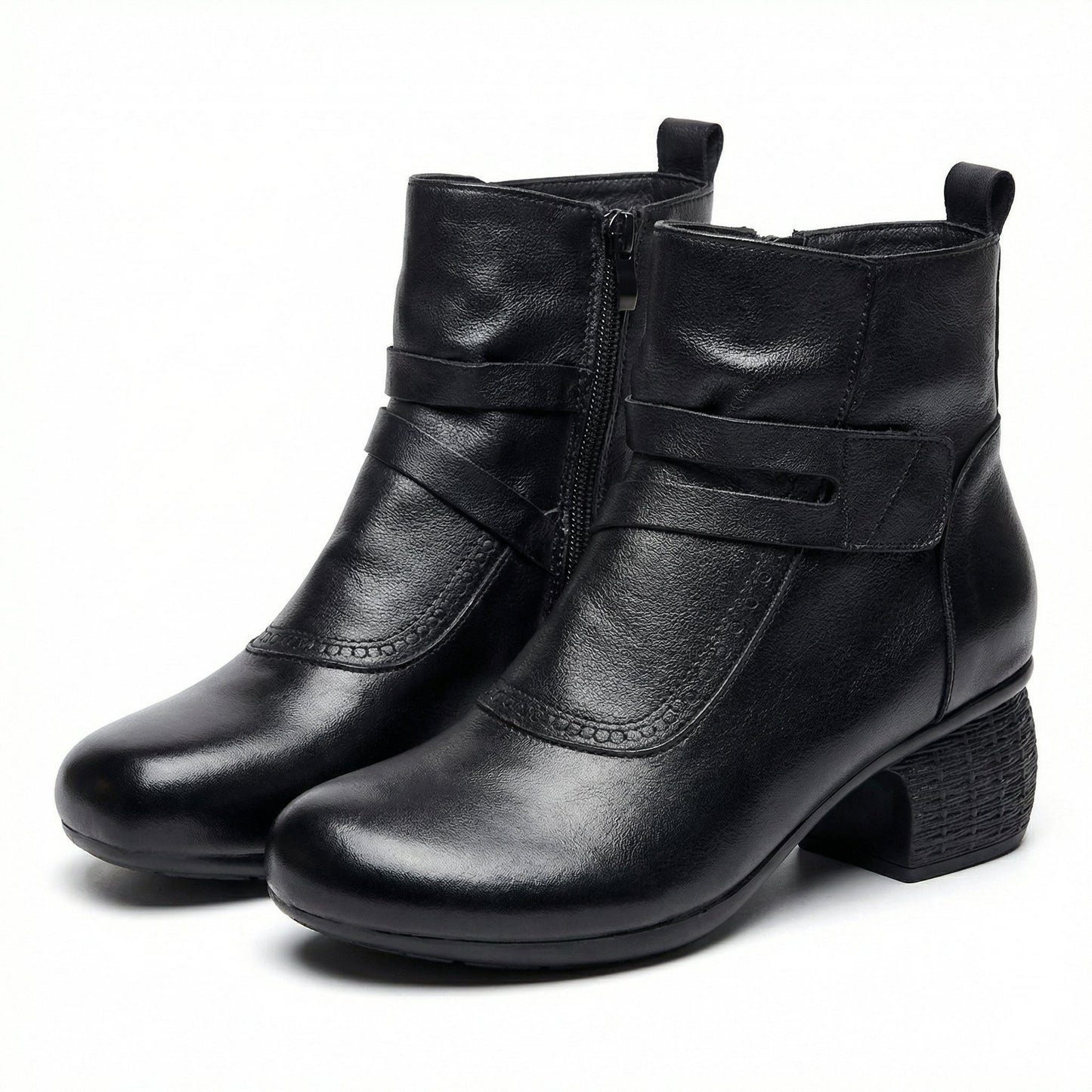Stacked Heel Leather Ankle Boot with Strap