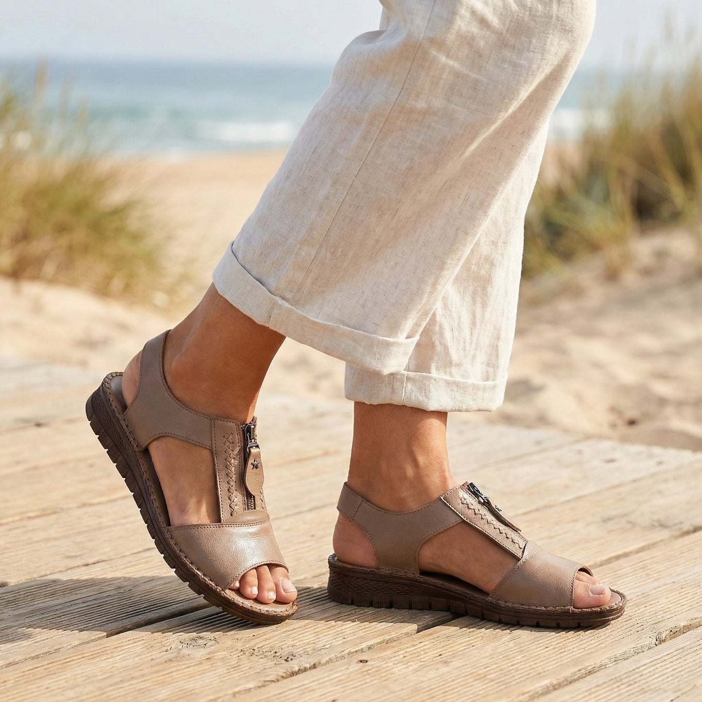 Zip-Front Braided Comfort Sandal